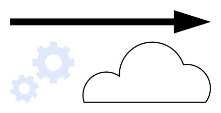 Cloud outline next to light blue gears and a bold rightward arrow. Ideal for technology, cloud services, data transfer, digital transformation, efficiency, innovation, business growth. Line metaphorのイラスト素材
