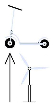 Electric scooter charging powered by a wind turbine, showcasing eco-friendly transportation and renewable energy. Ideal for sustainability, renewable energy, green technology, eco-friendly solutionsのイラスト素材