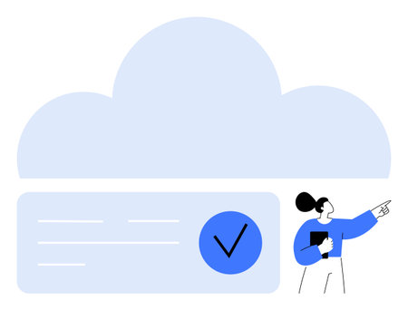 Large cloud icon with check mark on document. Person pointing to check mark while holding tablet. Ideal for cloud computing, online storage, data management, cybersecurity, digital organization, techのイラスト素材
