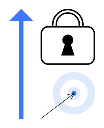 Padlock with keyhole, blue upward arrow, and target with arrow representing security, protection,...