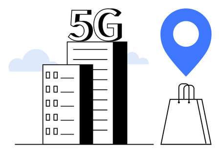 Two tall buildings marked with 5G, large blue location pin, shopping bag, cloud in background. Ideal for technology, telecommunications, urban development, navigation, retail future cities digitalのイラスト素材