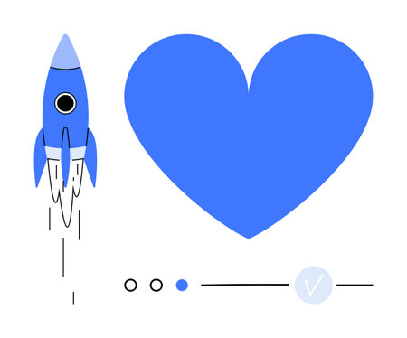 Rocket launching alongside a large heart. Ideal for tech innovation, startups, aerospace, love, passion progress inspiration themes. Line metaphor. Simple line iconsのイラスト素材