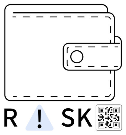 Wallet with strap detailing and button next to security alert icon and QR code. Ideal for financial guidance, cybersecurity awareness, wallet apps, digital transactions, risk management, QR codeのイラスト素材