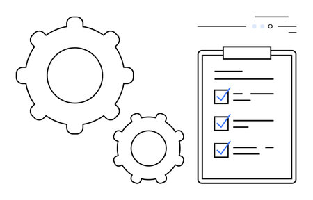 Two gears beside a clipboard with checklist and checkmarks, signifying efficiency and productivity. Ideal for project planning, workflow optimization, productivity tools, business processes, taskのイラスト素材