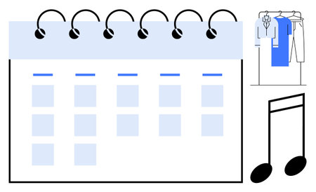 Spiral-bound calendar showing daily entries, clothing hanging on a rack, and musical notes. Ideal for organization, scheduling, planning, time management, daily routine, music practice fashionのイラスト素材