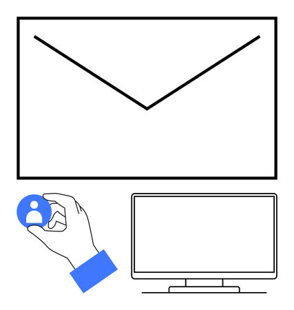 Large email envelope icon, blue hand holding user icon, and computer monitor screen. Ideal for email marketing, digital communication, social media engagement, online collaboration, virtualのイラスト素材