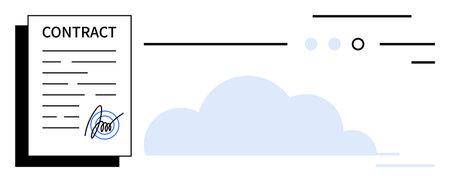 Digital contract with signature next to cloud icon and minimalist lines. Ideal for digital agreements, cloud storage, e-signatures, online business, data security, tech services, and paperlessのイラスト素材