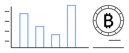 Bar chart with varying heights next to a Bitcoin symbol. Ideal for financial reports, cryptocurrency trends, data analysis, economic studies, business growth, investment portfolios, and marketのイラスト素材