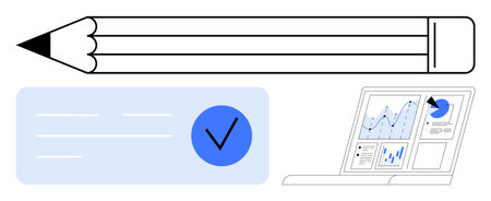 Large pencil, checkmark in blue circle, and laptop displaying charts. Ideal for productivity, data...