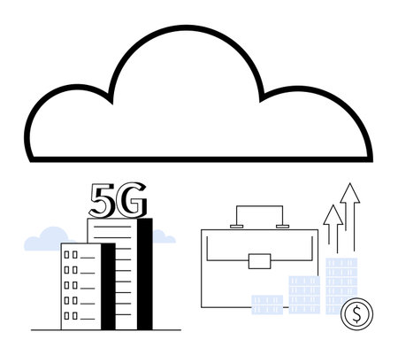 Cloud at top, 5G building, briefcase, financial bars, and currency coin. Ideal for technology, business, finance digital transformation telecommunications investment and cloud solutions. Lineのイラスト素材