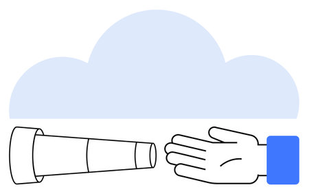 Telescope, outstretched hand, large blue cloud. Ideal for teamwork, guidance, future, vision, help technology communication Line metaphorのイラスト素材