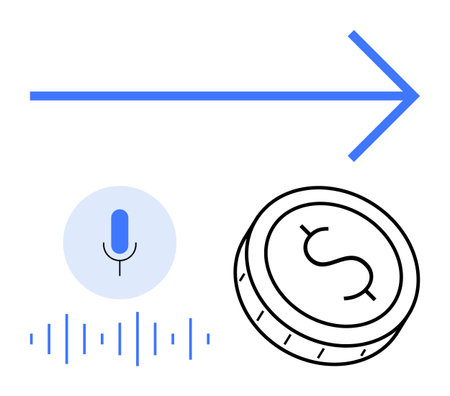 Microphone icon and sound waves representing voice recognition alongside a coin symbol depicting financial gain. Ideal for tech innovations, fintech, growth strategies, AI, digital economy, startupsのイラスト素材