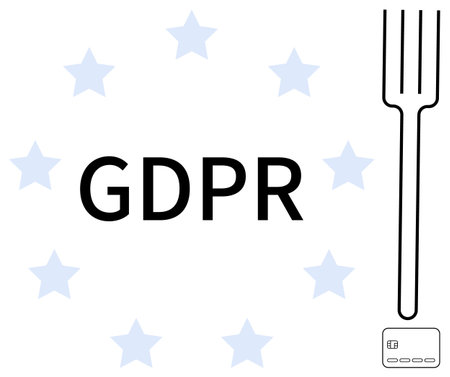 GDPR text surrounded by stars, single fork, and data chip. Ideal for data regulation, privacy policies, compliance, EU laws, digital security user consent online privacy. Line metaphorのイラスト素材