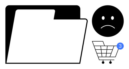 Digital file folder, sad face emotion, and shopping cart with notification icon featuring the number three. Ideal for digital organization, emotions, e-commerce, notifications, productivity, fileのイラスト素材