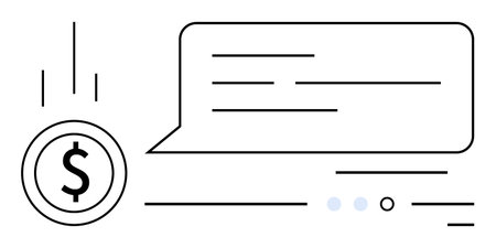 Speech bubble with lines representing text, dollar symbol with downward arrow. Ideal for finance, communication, transactions, money management, discussions, fintech, customer support. Line metaphorのイラスト素材