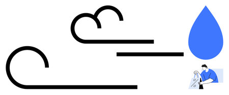 Black wind symbols, large blue water drop, worker in protective gear. Ideal for environmental awareness, climate change, weather forecasting, ecology, occupational safety, water conservationのイラスト素材