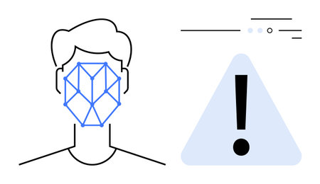 Human face with geometric lines indicating facial recognition, adjacent to warning icon with exclamation mark. Ideal for technology, security, AI, privacy, surveillance, biometrics, cyber safetyのイラスト素材
