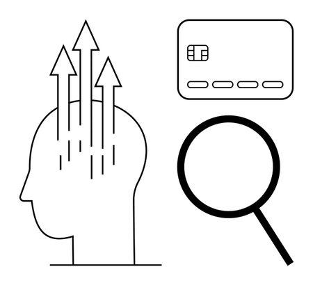 Human head with upward arrows indicating growth, magnifying glass symbolizing analysis, and credit card suggesting finance. Ideal for business, education, personal growth, financial servicesのイラスト素材