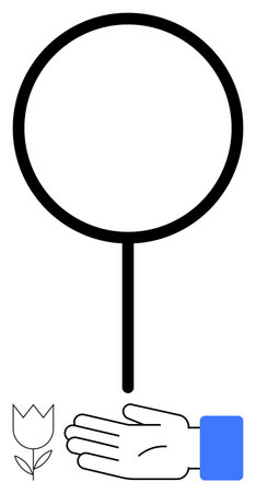 Magnifying glass held by a hand with blue cuff, small flower beside. Ideal for exploration, discovery, growth, nature, learning, attention to detail analysis. Line metaphorのイラスト素材