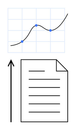 Graph curves upward with blue points grid upward arrow and document. Ideal for data analysis, growth, success, business strategy, performance tracking, progress, future planning. Line metaphorのイラスト素材