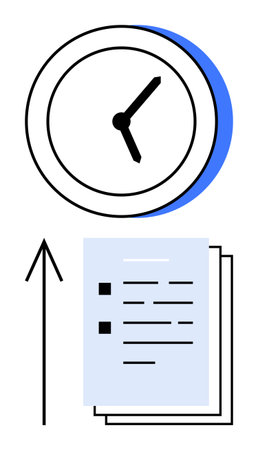 Clock with two-toned design above documents and a rising arrow. Ideal for productivity, time management, deadlines, efficiency, workplace organization, scheduling, business strategy. Line metaphorのイラスト素材
