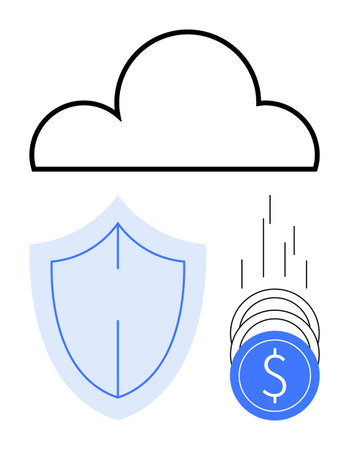 Cloud with shield and coins stacks symbolizing data protection and cost savings in cloud computing. Ideal for cybersecurity, cloud services, financial savings, digital security, technologyのイラスト素材