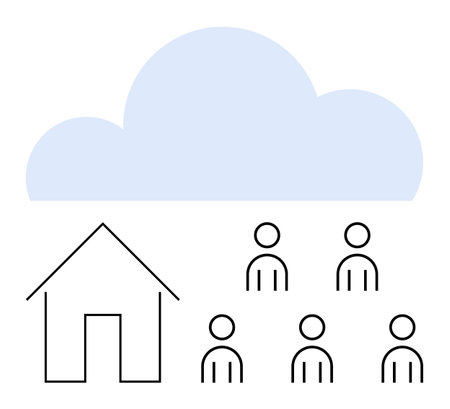 Cloud above six people and a house symbolizing digital connectivity. Ideal for teamwork, remote work, collaboration, cloud technology, virtual teams, online workspace, digital communication. Lineのイラスト素材