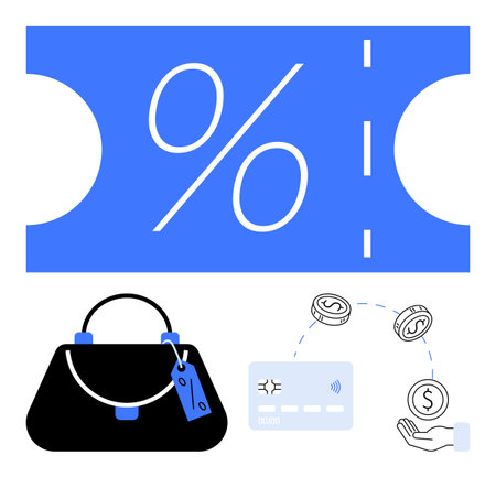 Blue discount ticket with a percentage sign next to a handbag, credit card, cash, and a hand with coins. Ideal for shopping, sales, promotions, discounts finance banking savings. Line metaphorのイラスト素材
