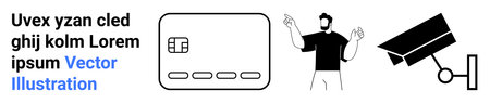 Businessman gesturing, credit card and security camera icons. Ideal for business, finance, technology, security, marketing, e-commerce communication. Landing pageのイラスト素材