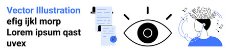 Text documents, center eye icon, and person with headphones surrounded by music notes and lines....