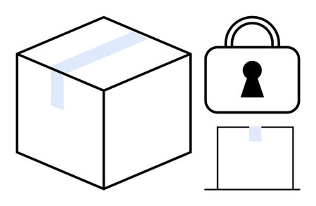 Package box with tape, lock with keyhole, and sealed document. Ideal for shipping, privacy, security, confidentiality, data protection e-commerce logistics themes. Line metaphorのイラスト素材