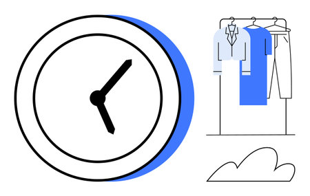 Large clock with a subtle blue shadow beside a clothing rack holding a shirt, jacket, trousers. Ideal for lifestyle, time management, routine, scheduling, organization, punctuality daily routinesのイラスト素材