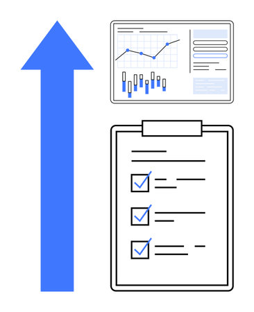 Large blue arrow pointing upwards beside a chart with bar and line graphs, and a checklist with checkboxes marked. Ideal for business growth, performance tracking, data analysis, progress reportsのイラスト素材