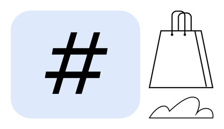 metadata tag symbol in a blue square next to a shopping bag and cloud. Ideal for social media, e-commerce, marketing, branding, online shopping, promotions, modern communication. Line metaphorのイラスト素材