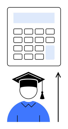 Calculator graduate figure upward arrow. Ideal for education, academic achievement, math skills, knowledge growth, professional development, empowerment, success. Line metaphorのイラスト素材