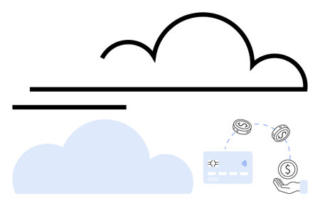 Cloud with coins, credit card, and lines symbolizes cloud computing, finance, technology...