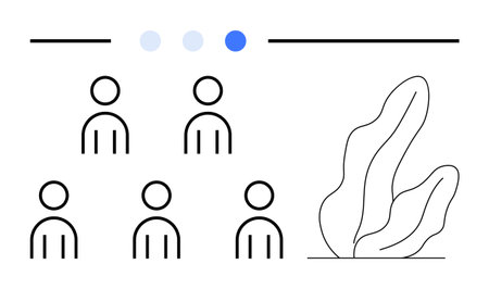 Five minimal human figures abstract plant three circles in gradient blue, and horizontal lines....