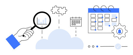 Hand holding magnifying glass over cloud with bar graph, puzzle pieces, calendar, and gear. Ideal for project planning, data analysis, cloud computing, productivity, teamwork scheduling managementのイラスト素材