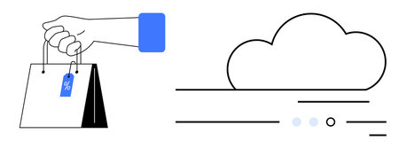 Hand holding shopping bag with discount tag next to cloud storage icon. Ideal for ecommerce, online shopping, digital sales, cloud computing, retail promotions, data storage, black Friday. Lineのイラスト素材