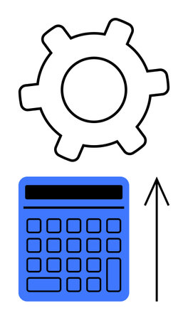Gear above a blue calculator with an upward arrow signifying improvement or progress. Ideal for business growth, financial success, operational efficiency, innovation, technology, startupsのイラスト素材