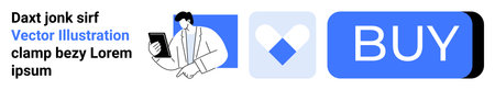 Businessman holding tablet, blue and white heart icon, blue BUY button. Ideal for e-commerce,...
