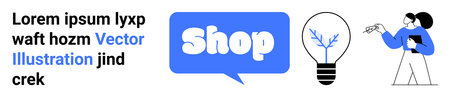 A person holding a clipboard, a large light bulb with a plant inside, and a Shop speech bubble set...
