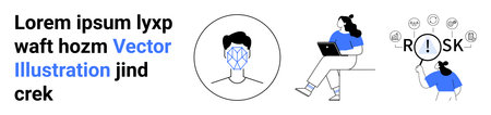 Face recognition symbol, person working on laptop, magnifying glass highlighting RISK. Ideal for...