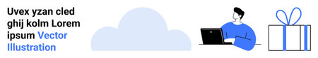 Person typing on laptop sitting beside a large gift box with a blue ribbon. Cloud icon in background. Ideal for technology, productivity, storage solutions, online services, work from home, giftのイラスト素材