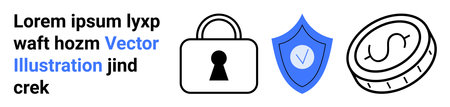 Lock with keyhole, shield with check mark, and coin symbol alongside placeholder text. Ideal for...