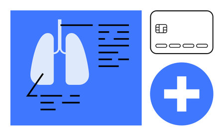 Medical diagram of lungs with annotations, healthcare card with chip, and blue medical cross symbol....