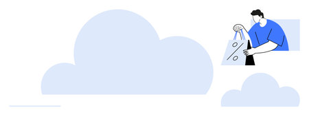 Man holding a shopping bag with a discount symbol in a blue shaded environment with clouds. Ideal...