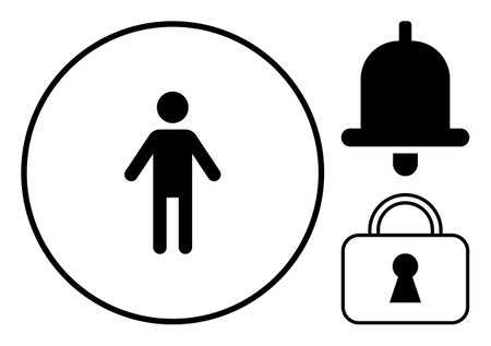 Person icon inside a circle, alongside a bell symbol and a padlock with keyhole. Ideal for user...