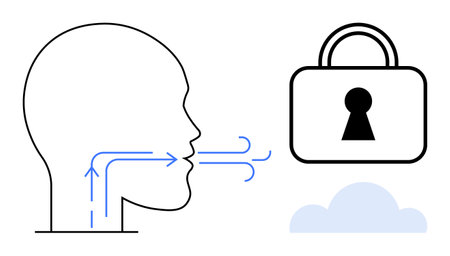Person exhaling arrows towards padlock and cloud. Ideal for secure communication, encryption, data...