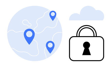 A globe lit by location markers, a lock, and a cloud. Ideal for cybersecurity, data encryption,...